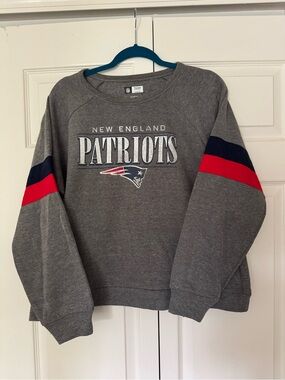 NFL New England Patriots Gray Crewneck Sweatshirt with Red & Navy Sleeve Stripes